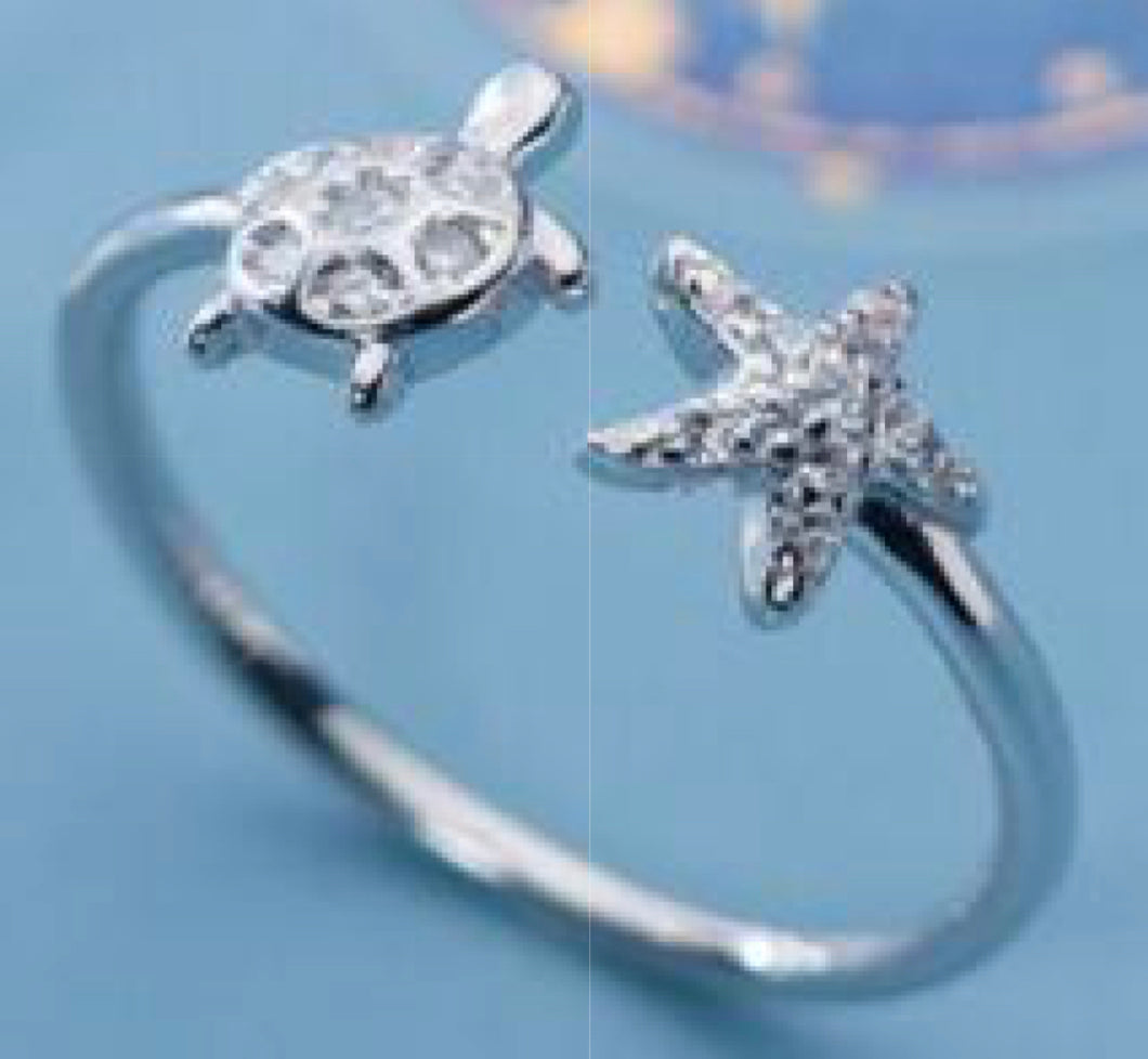 Silver Adjustable Turtle Starfish ring