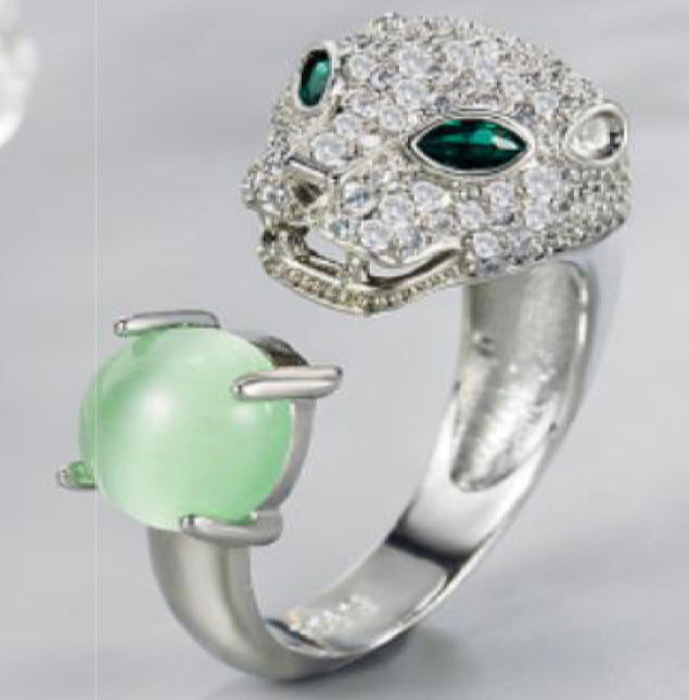 Silver Green Jade Panther Adjustable Ring