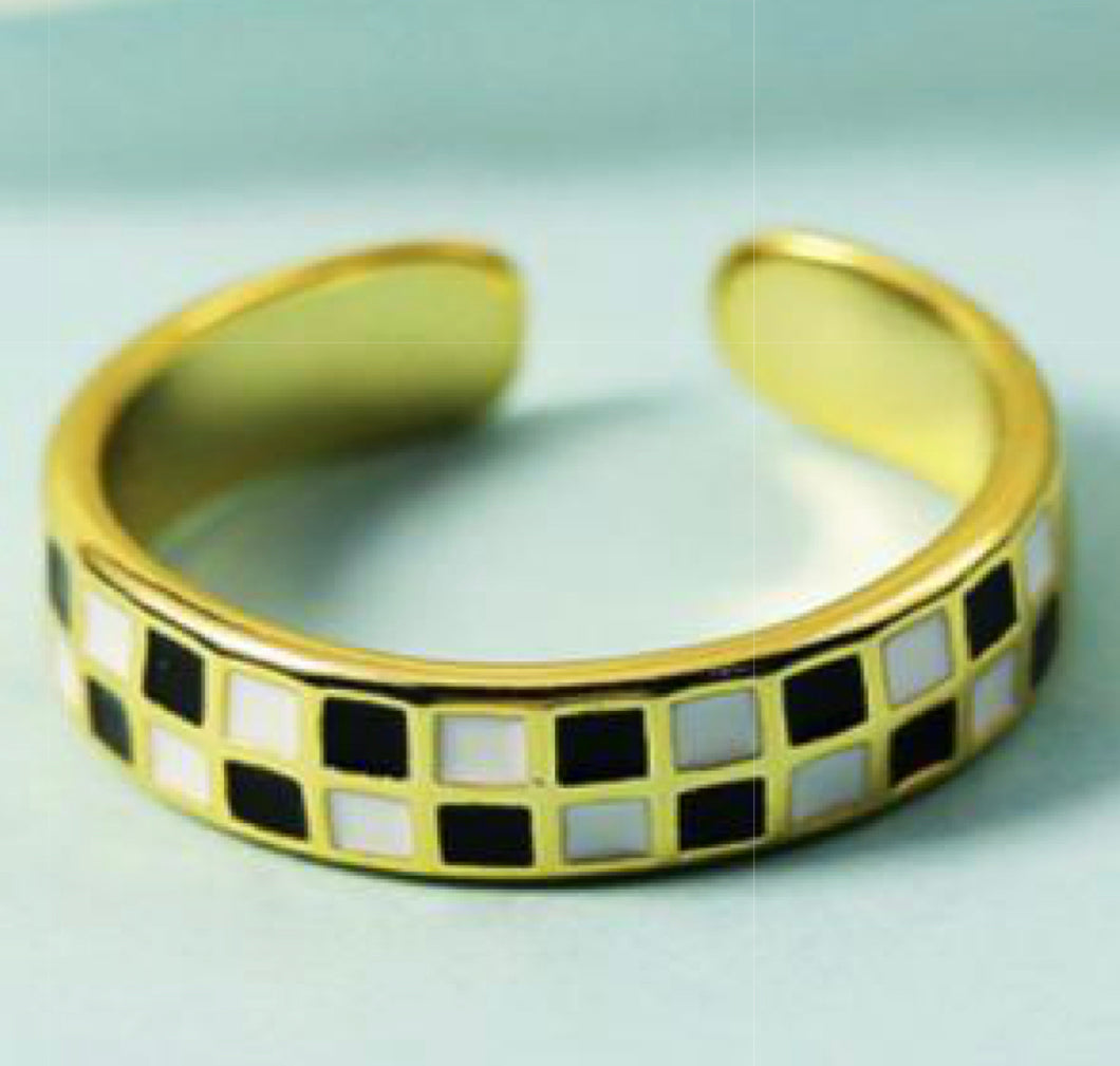 Gold Black & White Checkered Ring